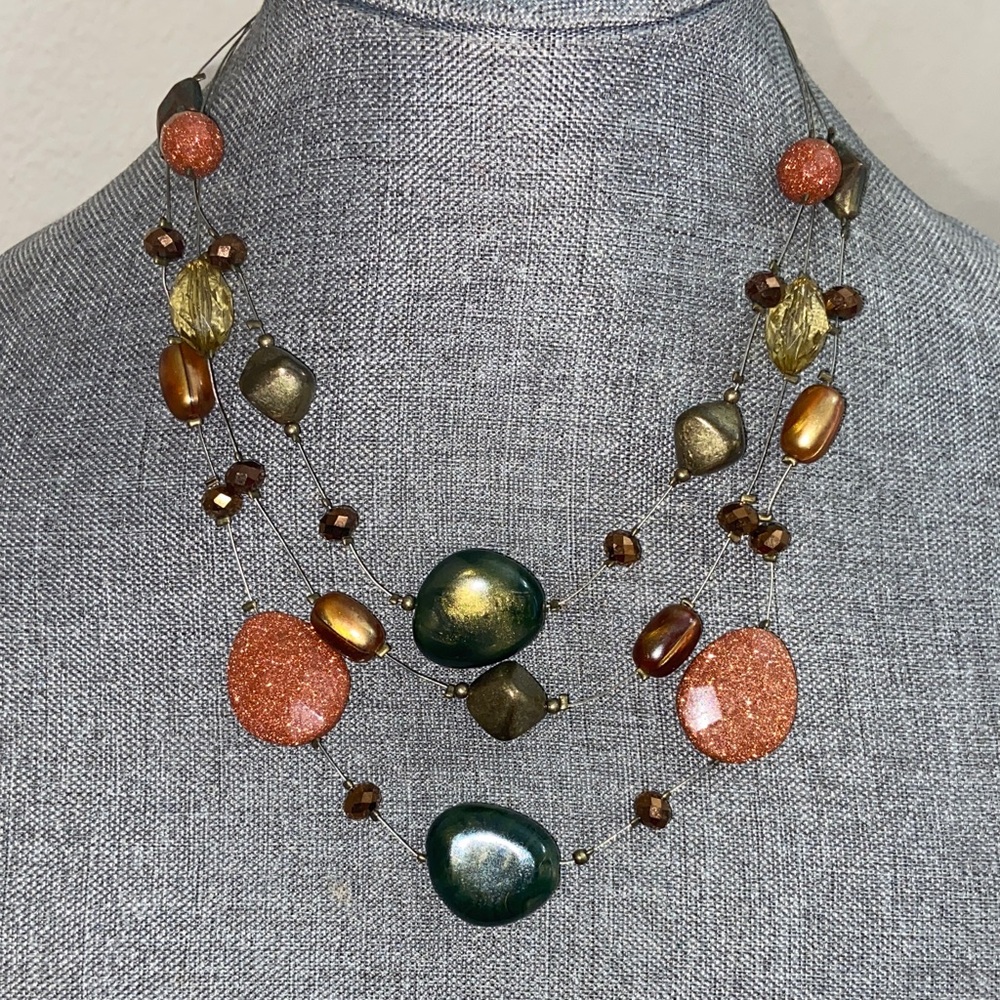 Vintage 90s 3 Strand Faceted Glass & Lucite Multi-Color Necklace